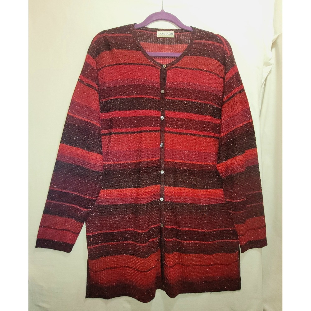 Sigrid Olsen Sparkle Stripe Cardigan Buttons Tonal Red Long Knit L-Slv Med/Lg
